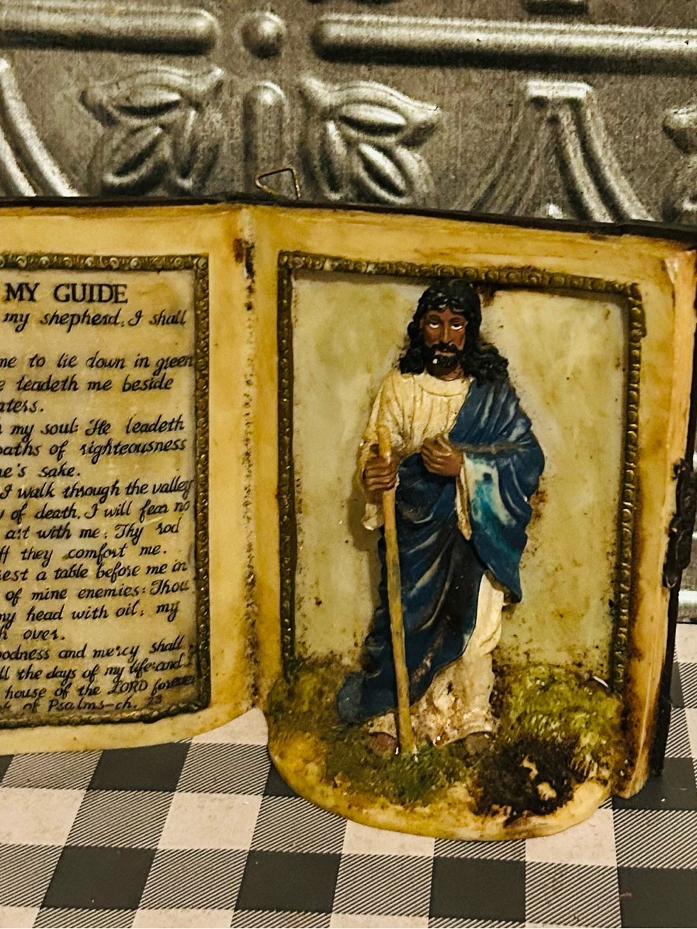 Religious Home Art Plaque in Blue and Cream